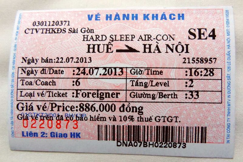 Example of a Vietnam train ticket