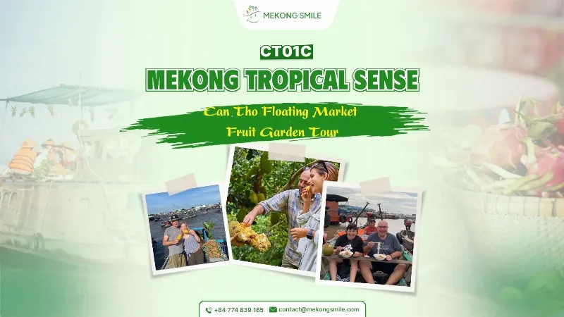Small wooden boat with tourists exploring narrow, verdant canals in the Mekong Delta, Vietnam