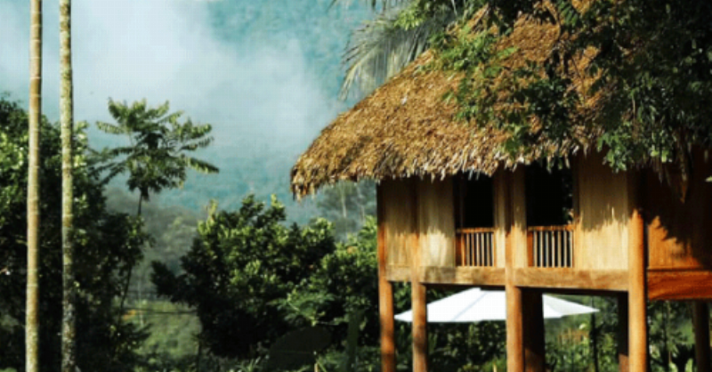 Traditional Thai stilt house homestay with local family and guests in Pu Luong.