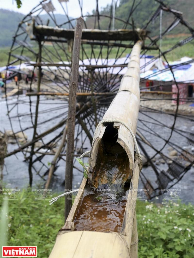 Traditional bamboo water wheels irrigating rice fields in rural Vietnam.