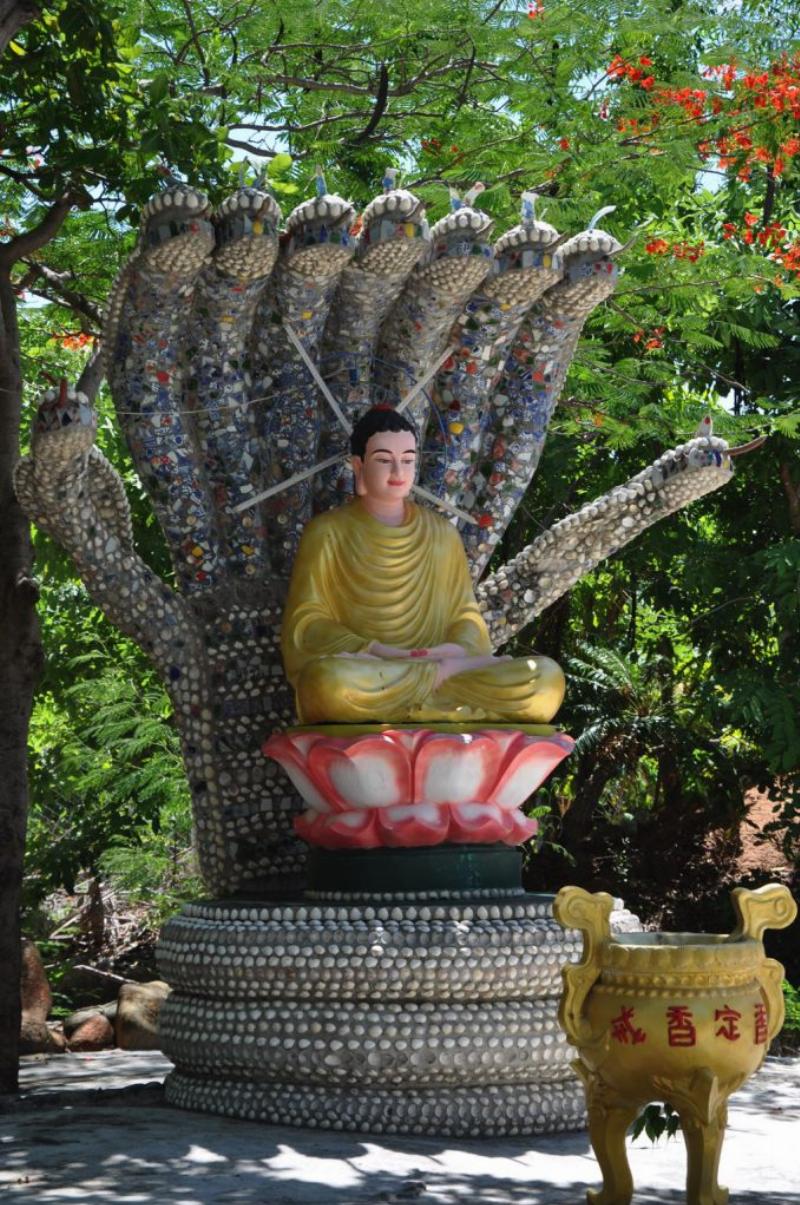 Unique architectural details of Tu Van Pagoda, constructed entirely from seashells and coral in Cam Ranh, Vietnam.